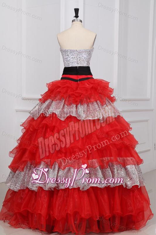 Red and White Strapless Organza Quinceanera Dress with Beading