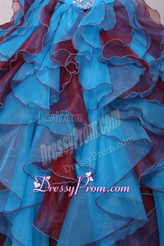Strapless Beading and Ruche Quinceanera Dress in Aqua and Wine Red