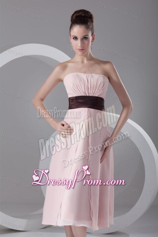 Affordable Empire Strapless Tea-length Chiffon Pink Belt Prom Dress