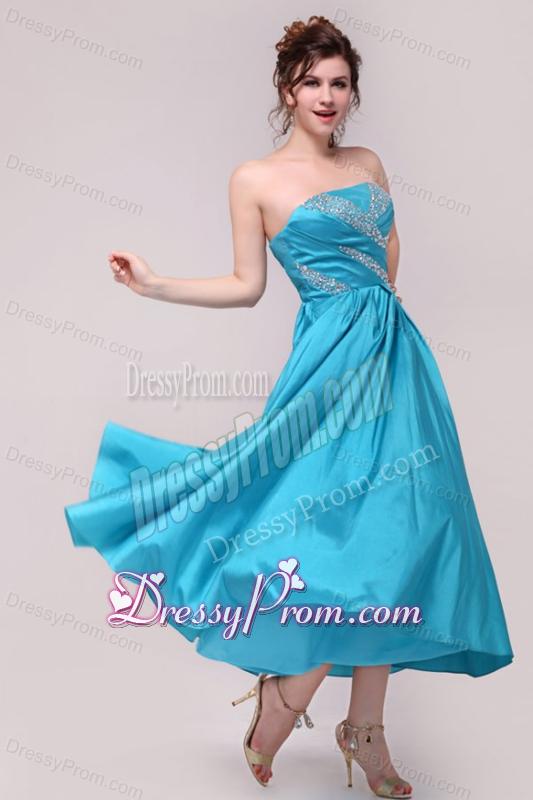 Elegant Aqua Blue A-Line Strapless Taffeta Beading Ankle -length Prom Dress