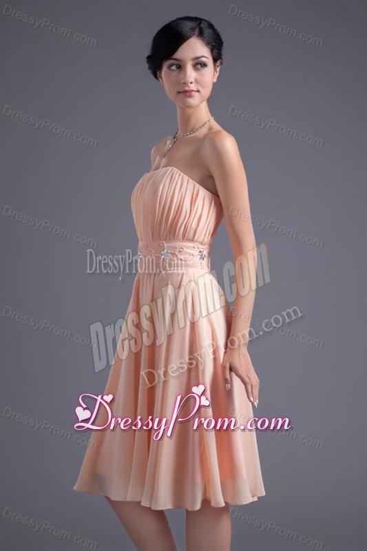 Elegant Empire Strapless V-neck Knee-length Chiffon Champagne Prom Dress with Beading