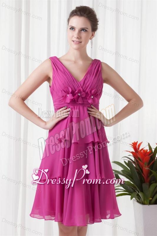 Empire V-neck Knee-length Fuchsia Chiffon Ruching Prom Dress