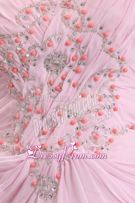Sweetheart Empire Beaded Decorate Watteau Train Prom Dress in Baby Pink