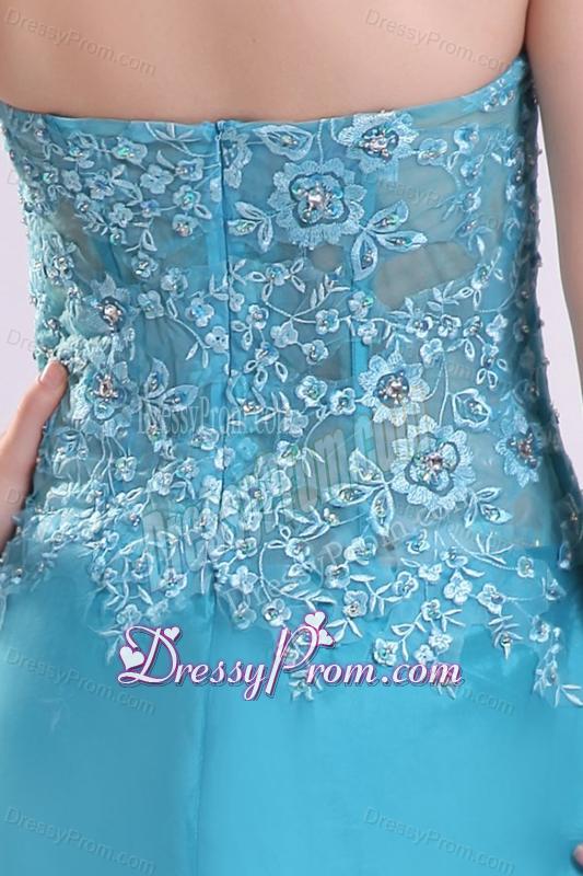 Sweetheart Empire Teal Sweep Train Prom Dress with White Embroidery