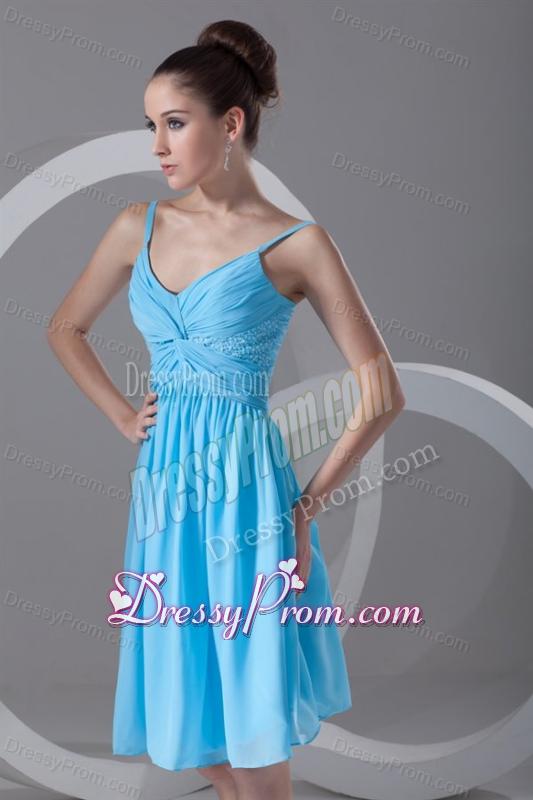 Taffeta A-line Straps Aqua Blue Beading Knee-length Prom Dress