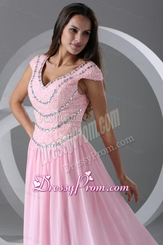 Pink Empire V-neck Cap Sleeves Prom Dress with Beading