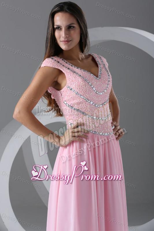 Pink Empire V-neck Cap Sleeves Prom Dress with Beading
