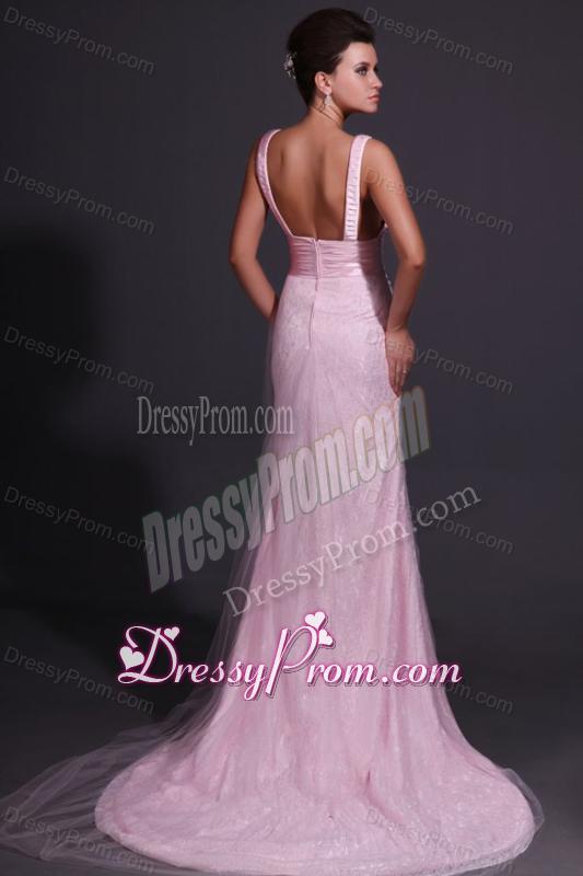 Pink Column V-neck Lace Brush Train Prom Dress with Appliques