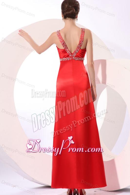 Wine Red Column Straps Beading and Ruching Prom Dress