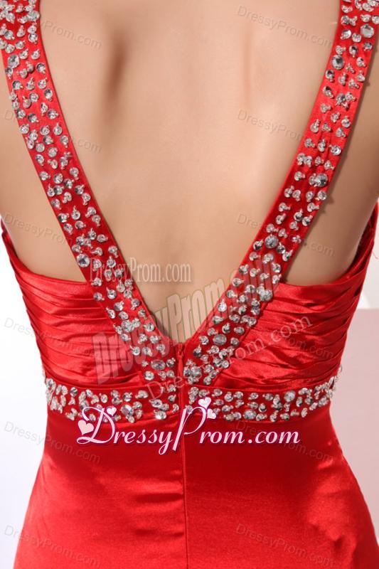 Wine Red Column Straps Beading and Ruching Prom Dress