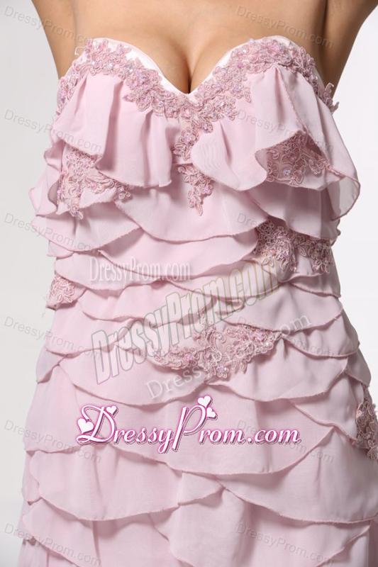 Brush Train Baby Pink Sweetheart Prom Dress with Appliques and Layers