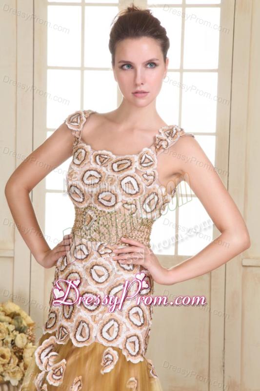 Champagne Empire Straps Appliques Prom Dress with Brush Train