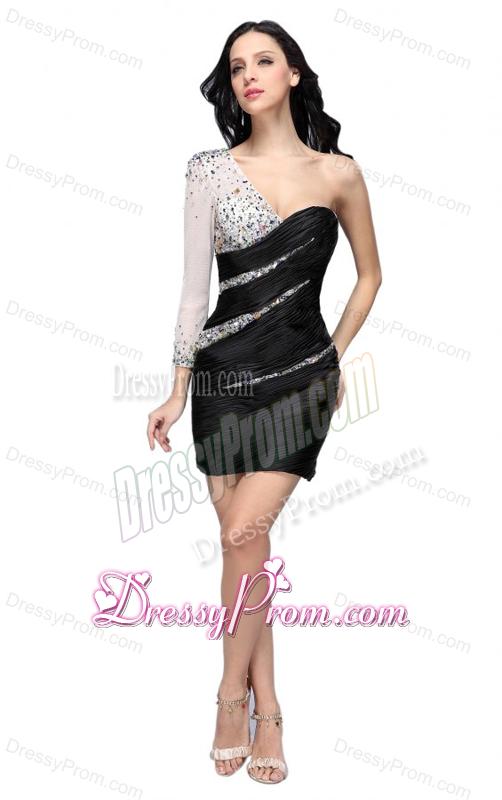 Column Black One Shoulder Long Sleeves Beading Mini-length Prom Dress