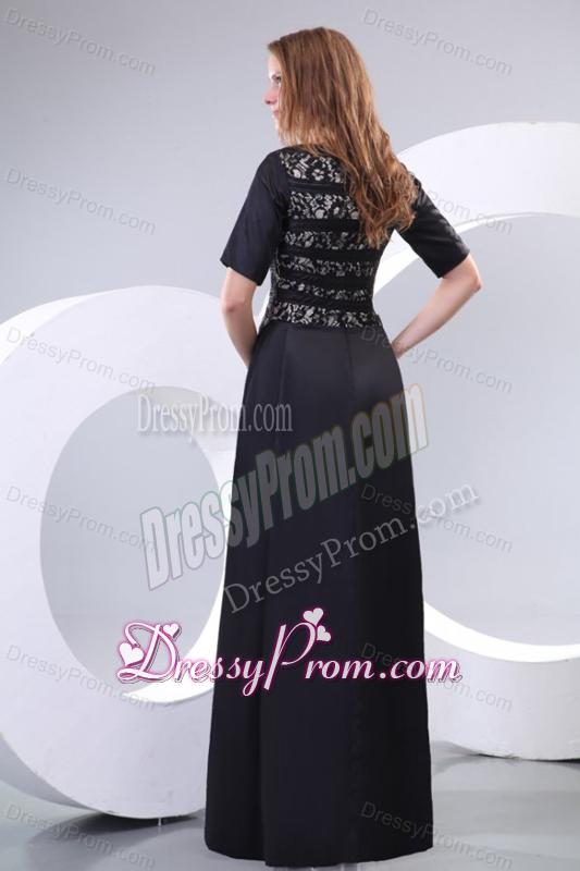 Column Scoop Black Floor-length Lace Prom Dress with Half Sleeves