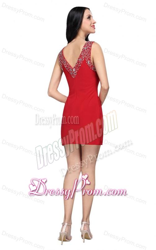 Column Wine Red Beading V-neck Mini-length Chiffon Prom Dress