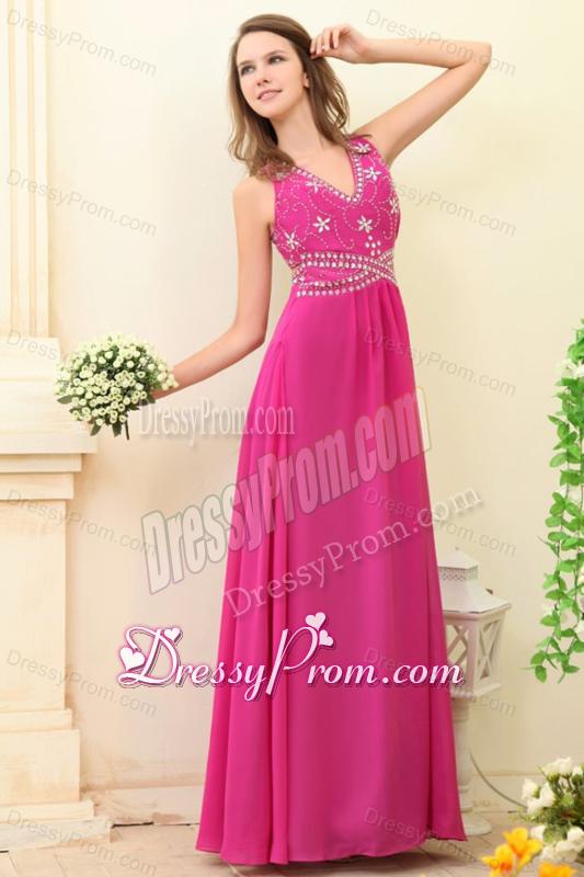 Empire Hot Pink V-neck Beading Chiffon Prom Dress