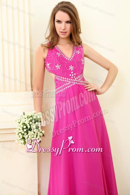 Empire Hot Pink V-neck Beading Chiffon Prom Dress