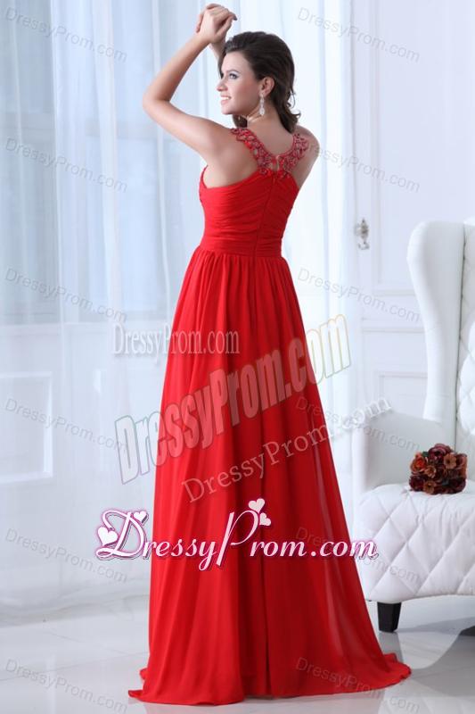 Empire Scoop Wine Red Ruching Beading Chiffon Prom Dress