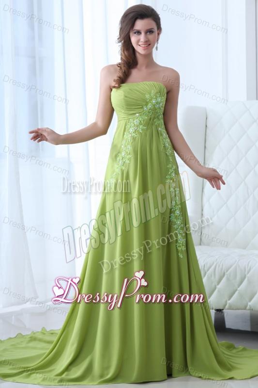 Empire Strapless Spring Green Appliques and Ruching Prom Dress