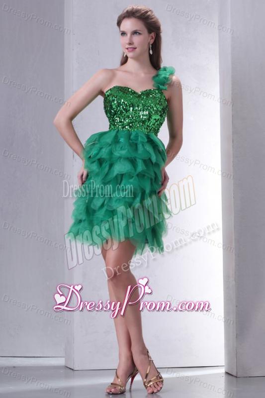 Green One Shoulder Mini-length Sequins and Ruffled Layers Prom Dress