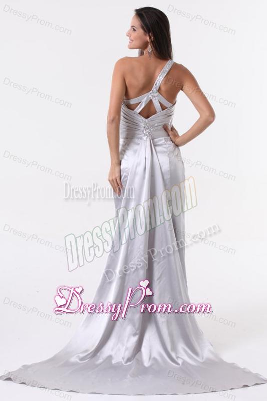 High Slit Silver One Shoulder Prom Dress with Ruching and Beading