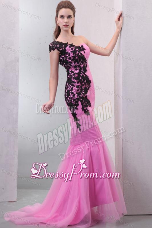 Mermaid One Shoulder Rose Pink Appliques and Ruching Brush Train Prom Dress