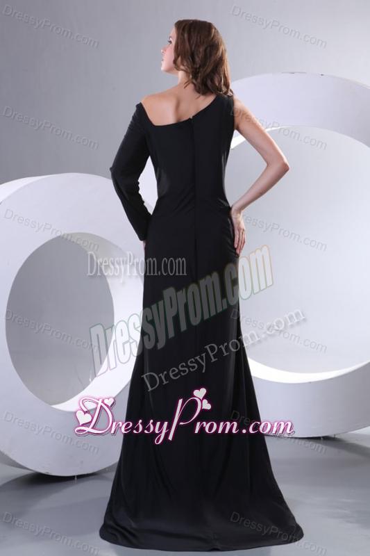 Modest Asymmetrical Black Column Sweep Train Prom Dress with Long Sleeve