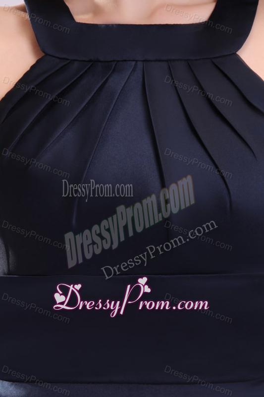 Simple Navy Blue Halter A-line Knee-length Ruching Taffeta Prom Dress