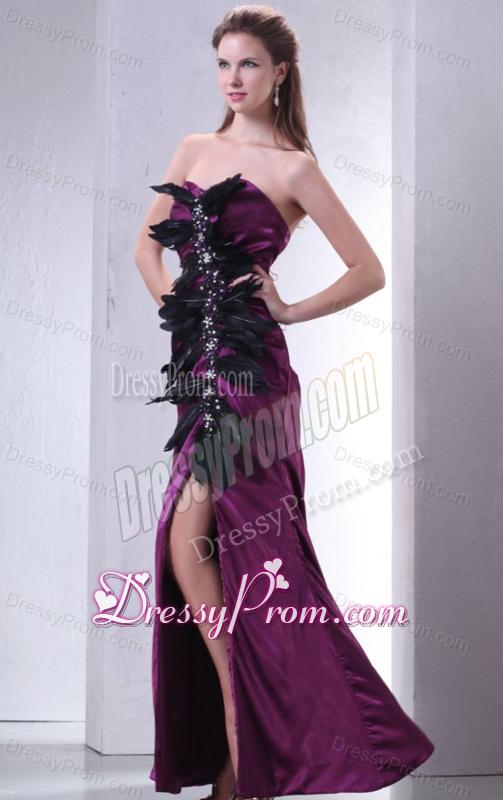 Sweetheart Column Beading and Feather Prom Dress in Dark Purple
