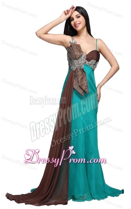 Teal Blue Spaghetti Straps Beading and Ruching Watteau Train Prom Dress