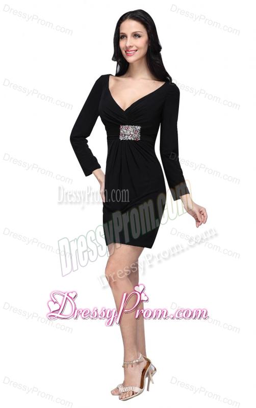 V-neck Black Mini-length Beaded Decorate Prom Dress with Long Sleeves