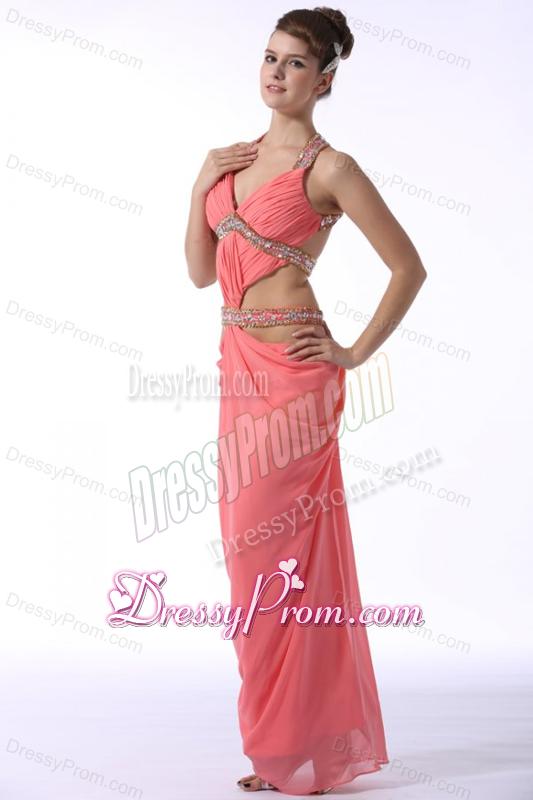 Watermelon Red Halter Top Sexy Prom Dress with Beading