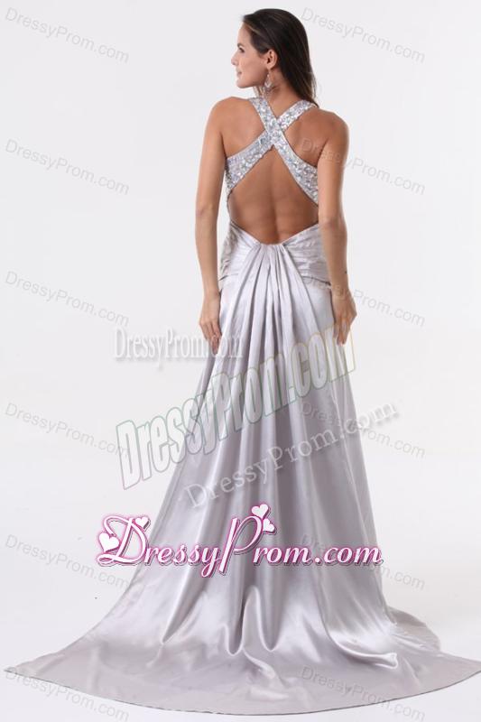 Watteau Train Silver Straps High Slit Prom Dress with Beading