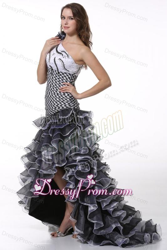 White and Black One Shoulder High-Low Prom Dress with Ruffled Layers