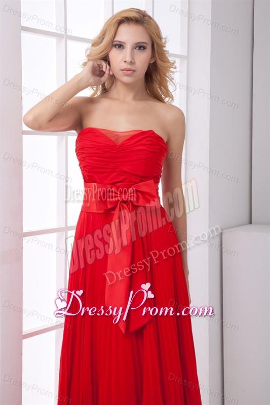 Elegant Strapless Red Empire Pleat Chiffon Prom Dress with Bowknot