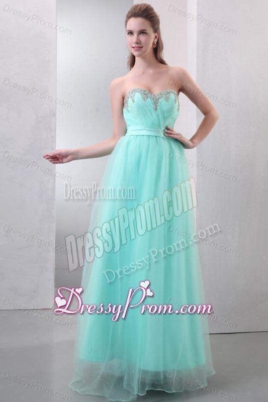 A-line Aqua Blue Sweetheart Beading and Ruching Organza Prom Dress