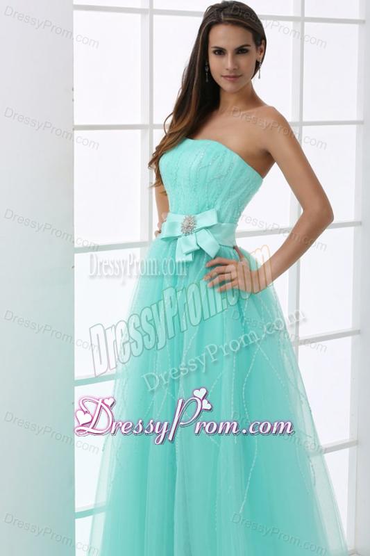 A-line Baby Blue Strapless Sash Beading Tulle Prom Dress