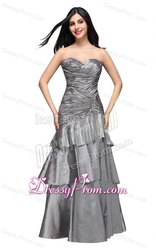 A-line Gray Sweetheart Appliques and Ruching Ruffled Layers Prom Dress