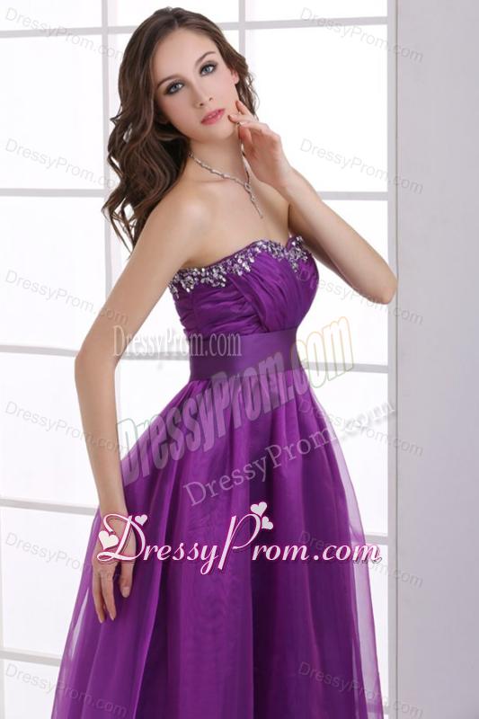 A-line Sweetheart Eggplant Purple Ruching Beading Chiffon Prom Dress