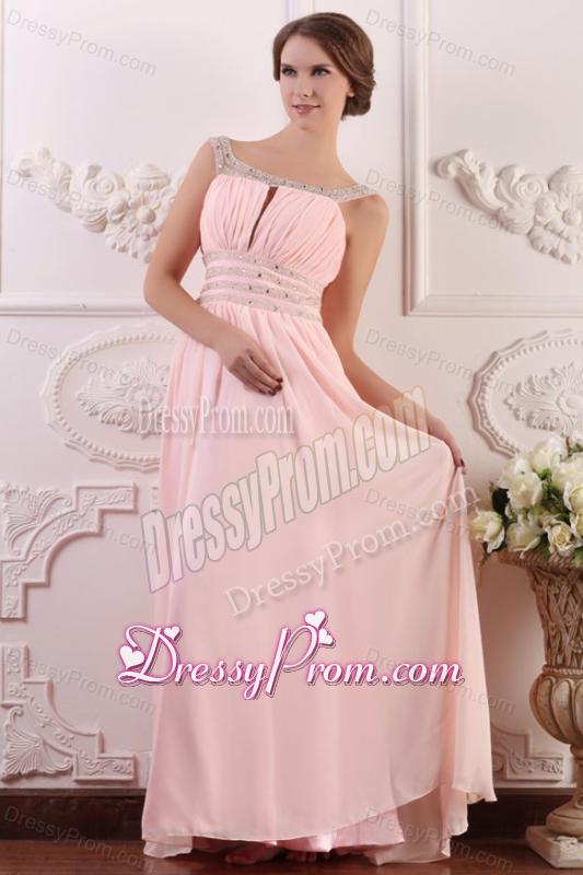 Baby Pink Empire Scoop Straps Prom Dress with Beading and Ruching