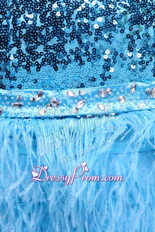 Blue Sequined Prom Dress with Sweetheart Knee-length