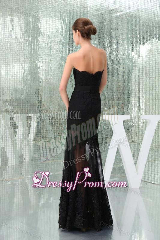Column Black Strapless Appliques Tulle Formal Evening Prom Dress