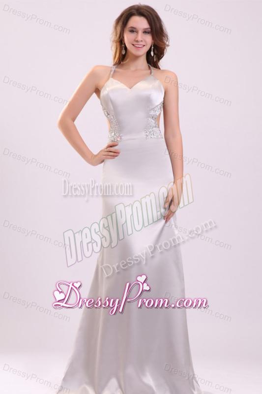 Column Straps Beading Satin Floor-length Gray Prom Dress