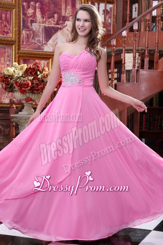 Empire Rose Pink One Shoulder Beading and Ruching Chiffon Prom Dress