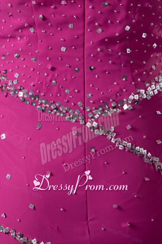 Fuchsia Column Sweetheart Chiffon Brush Train Beading Prom Dress