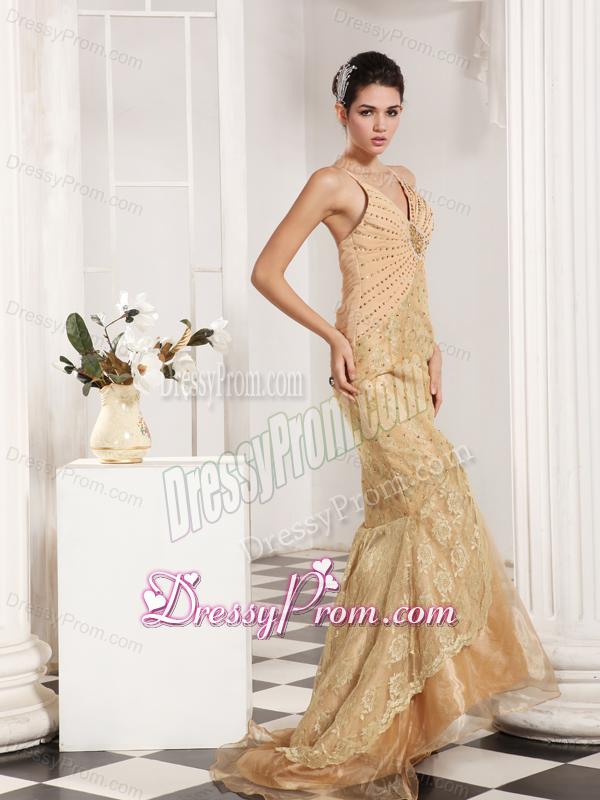 Mermaid Straps Champagne Appliques and Beading Brush Train Prom Dress