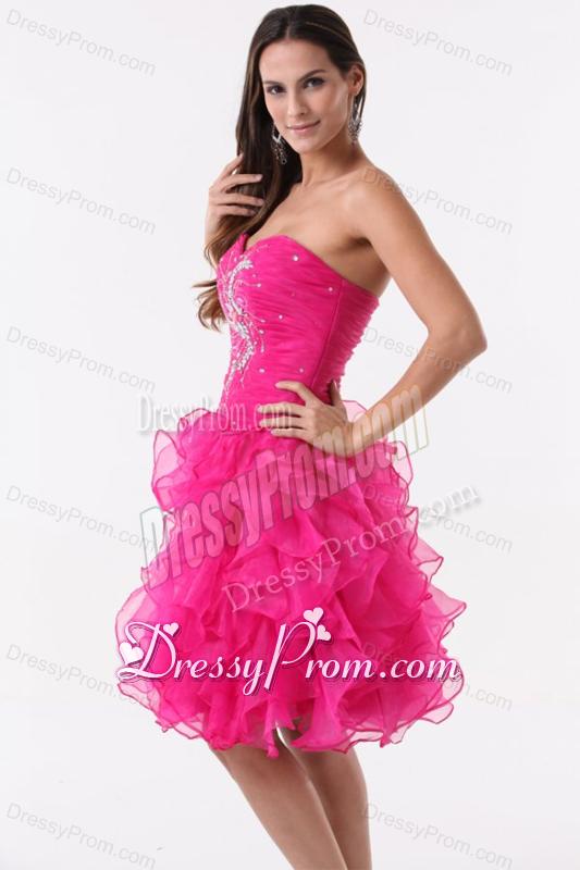 Princess Hot Pink Ruffles Beading Ruching Knee-length Prom Cocktail Dress