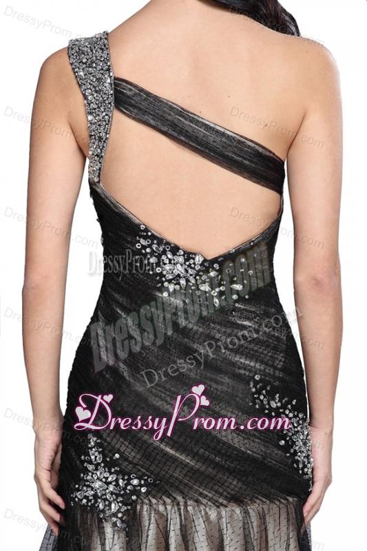 Sexy Column One Shoulder Ruching Criss Cross Black Tulle Prom Dress