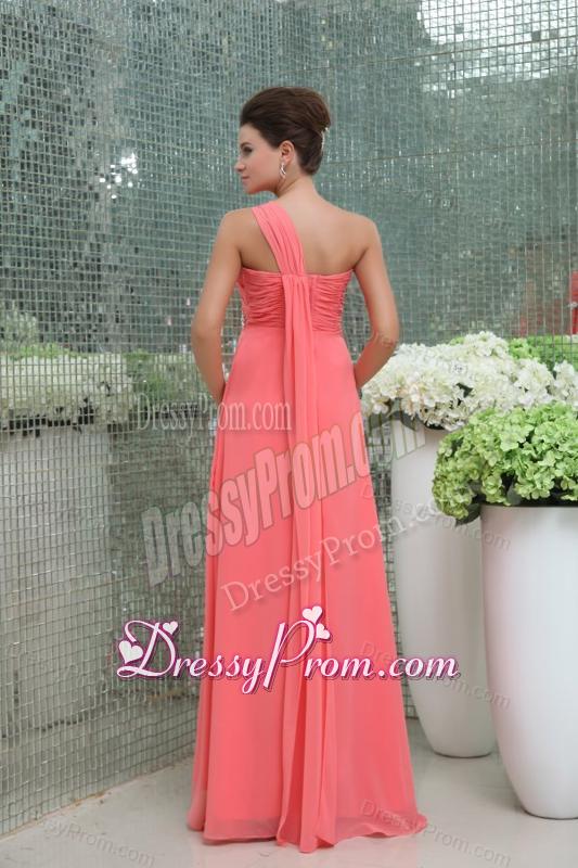 Watermelon Red One Shoulder Ruching Beading Floor-length Prom Dress