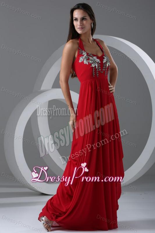 Wine Red Empire Halter Top Prom Dress with Beading